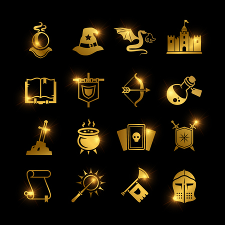 Golden fantasy medieval tale vector icons. Mystery magic and knight pictogram. Vector illustrationのイラスト素材