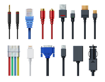 Cable wire computer video, audio, usb, hdmi, network and electric conectors and plugs vector set isolatedのイラスト素材