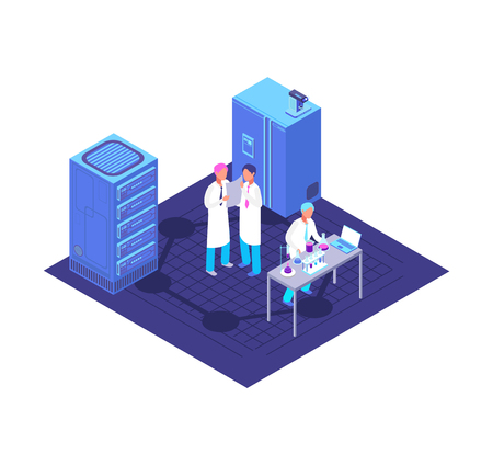 Chemistry, pharmaceutical lab isometric concept with chemical laboratory equipment and biotech vector illustrationのイラスト素材
