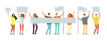 Crowd of protesting people with banners, flags. Voting students at demonstration. Political meeting and protest vector concept isolatedのイラスト素材