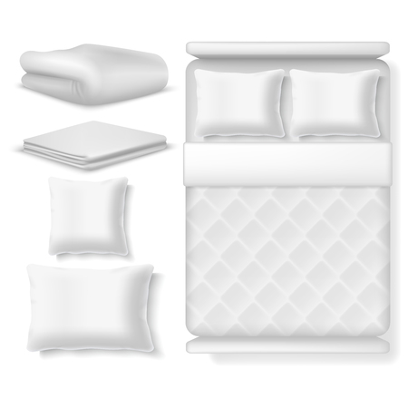 Blank white realistic bedding top view. Bed with blanket, pillow, linen and folded towel. Vector illustration isolatedのイラスト素材