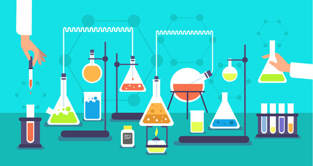 Chemical equipment in chemistry analysis laboratory. Science school research lab experiment vector background.のイラスト素材