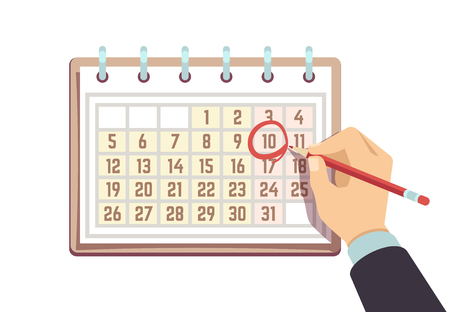Hand with pen marks date in calendar. Deadline and important events vector concept.のイラスト素材
