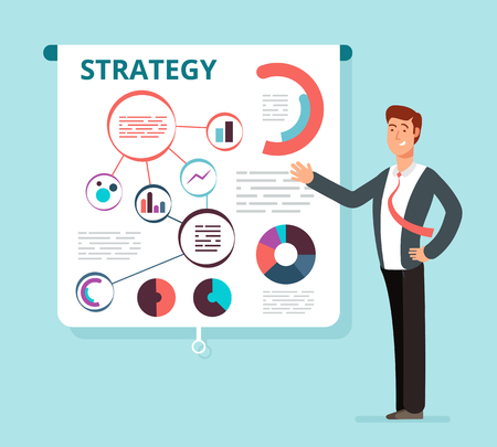 Speaker businessman shows successful finance strategy plan on projector screen. Business meeting, presentation, seminar vector concept.のイラスト素材