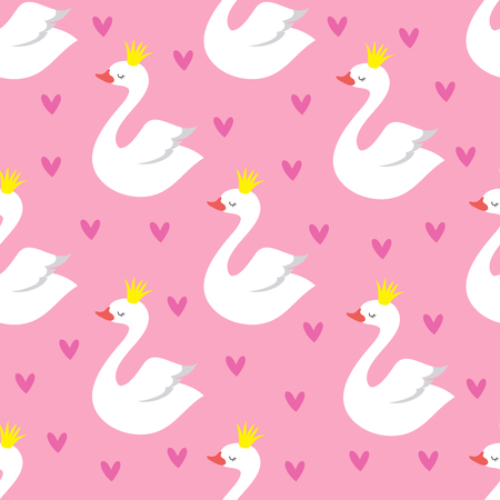 Cute swan princess with crown seamless vector pattern on pink backgroundのイラスト素材