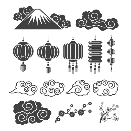 Vintage asian element silhouettes. Traditional chinese or japanese lamps, flowers, cloudsのイラスト素材