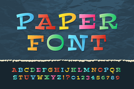 Color paper alphabet. Funny cartoon holiday font. School kids vector letters and numbersのイラスト素材