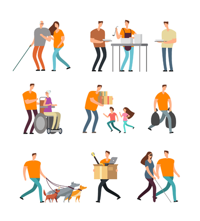 Young volunteers help to disabled and old people. Volunteer walking with dog, babysitting and assistance. Vector characters setのイラスト素材