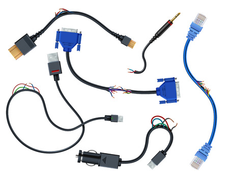 Damaged wires with plugs. Disconnect broken electric cables vector set isolated on white background
