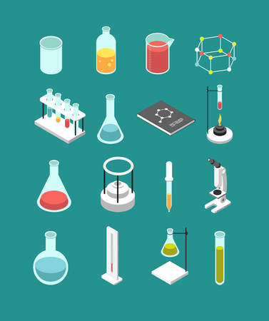 Isometric 3d chemical laboratory equipment. Chemistry attributes vector icons isolatedのイラスト素材