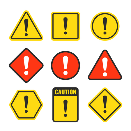 Exclamation mark beware icons. Attention and caution signs. Hazard warning vector symbol isolatedのイラスト素材