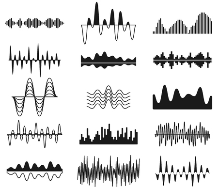 Sound frequency waves. Analog curved signal symbols. Audio track music equalizer forms, soundwaves signals vector setのイラスト素材