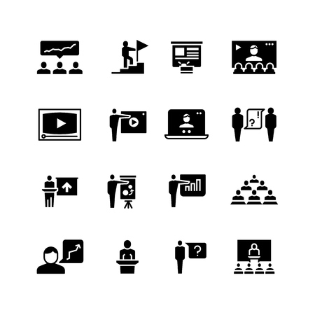 Presentation business event symbols. Training video conference icons. Students in class with speaker pictograms vector set isolatedのイラスト素材