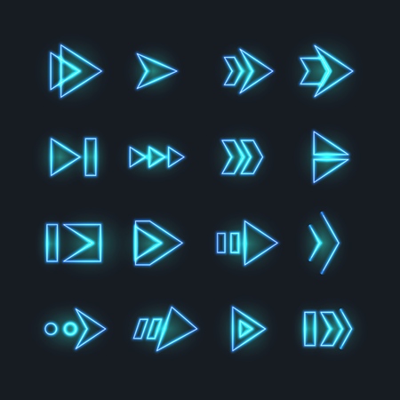 Directional neon arrows. Pointers, orientation arrowhead with luminosity effect. Futuristic hud interface vector elementsのイラスト素材