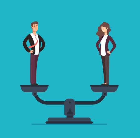 Gender equality with businessman and businesswoman on scales. Equal pay and opportunity business vector conceptのイラスト素材