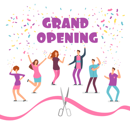 Grand opening concept with happy dancing people at party and red ribbon with scissors cartoon vector illustrationのイラスト素材