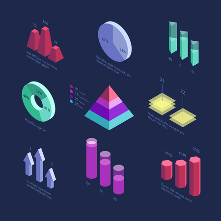 Isometric 3d business statistics data charts, percentage diagram, financial growth graphics. Vector info screen panelのイラスト素材
