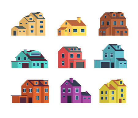 Houses front view. Urban and suburban house, town buildings, and cottage housing. Isolated vector illustrationのイラスト素材