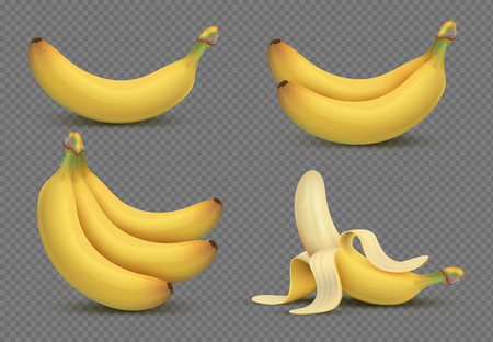 Realistic yellow banana, bananas bunch 3d vector illustration isolated on transparent backgroundのイラスト素材