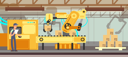 Industrial factory conveyor with production packing process vector conceptのイラスト素材