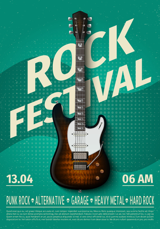 Vintage rock festival flyer with electric guitar. Retro music concert affiche, poster with typography. Vector templateのイラスト素材