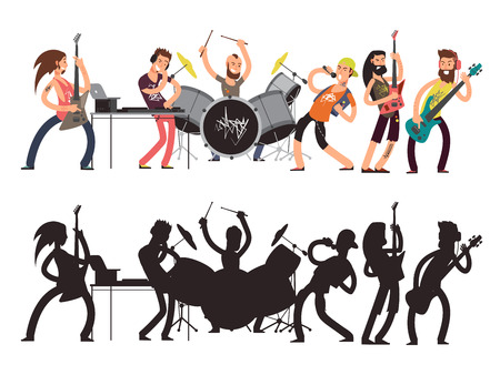 Music performance with young musicians. Rock concert vector flat concept. Set of cartoon characters and musician silhouettesのイラスト素材