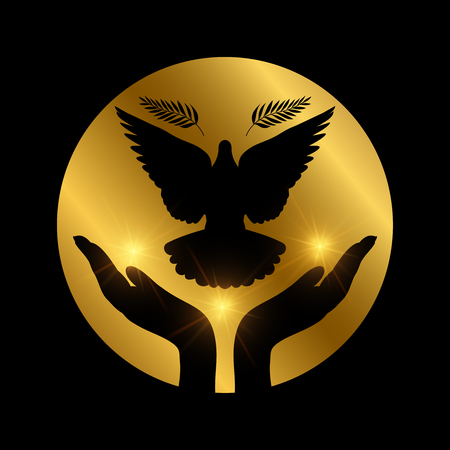 Dove peace flying from hands. Love, freedom and religion faith golden concept. Vector illlustrationのイラスト素材