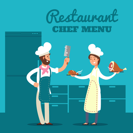 Restaurant with kitchen silhouette and cartoon chef and cooksのイラスト素材
