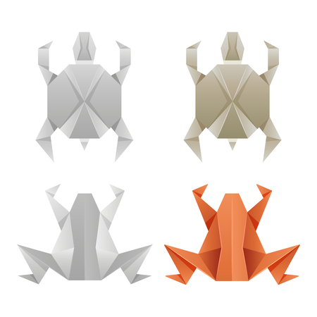Japanese origami paper frogs and turtles isolated on white background. Vector illustrationのイラスト素材