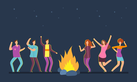 Happy people group dancing at campfire. Music festival camping vector cartoon conceptのイラスト素材