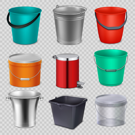 Realistic 3d metal and plastic buckets with handle. Vector collection isolated on white backgroundのイラスト素材