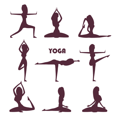 Yoga exercises and meditation female silhouettesのイラスト素材