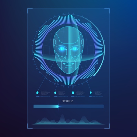 Face digital recognition, id faces biometric scanning to safe access abstract vector futuristic backgroundのイラスト素材