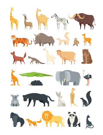 Flat african, jungle and forest animals. Cute mammals and reptiles. Wild fauna vector set isolatedのイラスト素材