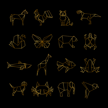 Golden japanese origami paper animals vector line iconsのイラスト素材