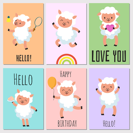 Happy birthday, hello cards with cute sheepのイラスト素材