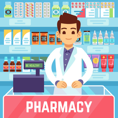 Happy young man pharmacist sells medications in pharmacy or drugstore. Pharmacology and healthcare vector concept. Illustration of medicine and health storeのイラスト素材