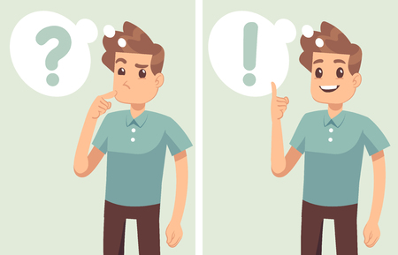 Smart young man, student thinking, understands problem and finds successful solution, vector cartoon characters isolated. Young man character solution and thinking illustrationのイラスト素材