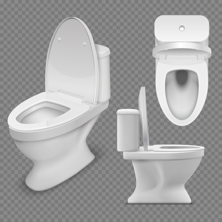 Toilet bowl. Realistic white home toilet in top and side view. Isolated vector illustrationのイラスト素材
