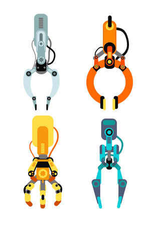 Robot industrial claws. Machine claw gripping gaming device for risk game vector set isolated. Mechanical industry grabber machine, robot tool illustrationのイラスト素材