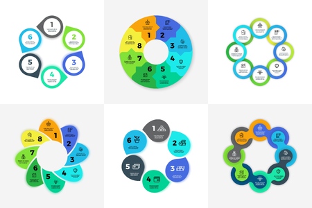 Circle infographic, chart, diagram, process workflow vector template. Business Pie chart with 3 4 5 6 7 8 options, sections, steps. Circle pie layout infographic illustrationのイラスト素材