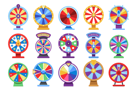 Fortune wheels flat icons set. Spin lucky wheel casino money game symbols. Fortune wheel game, gamble roulette play. Vector illustrationのイラスト素材