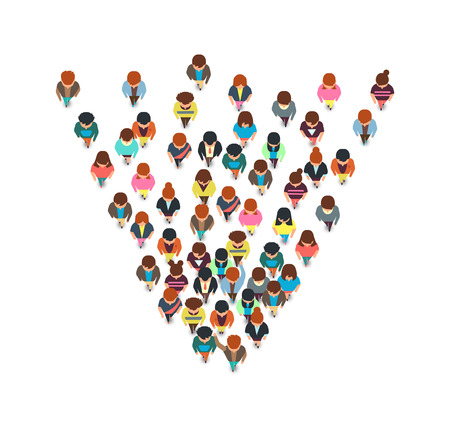 Top view walking people, cartoon man and woman running together vector characters isolated. Illustration of crowd woman and man protest, society audienceのイラスト素材