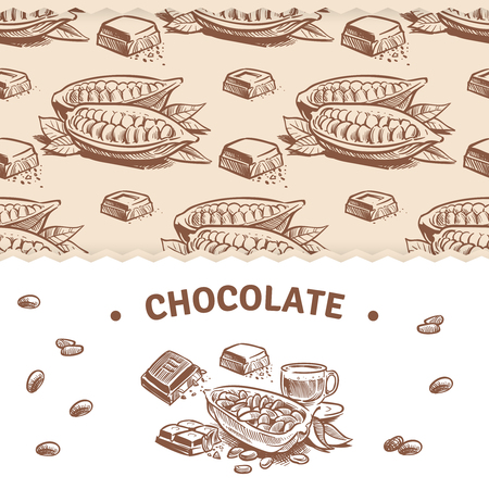 Chocolate banner template with sweet and sketched cocoa beans and chocolate bars.のイラスト素材