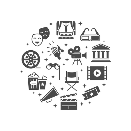 Hollywood movie, theatre performance and entertainment round icons concept isolated on white background.の写真素材