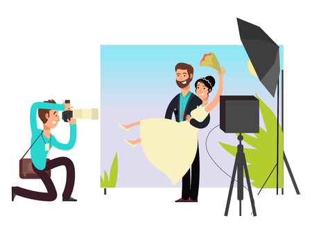 Wedding photo session in the studio with newlyweds cartoon characters.の写真素材