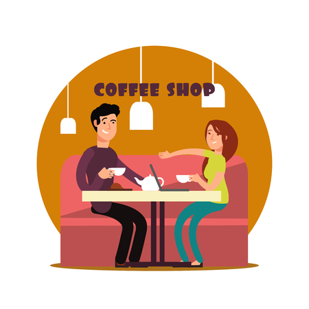 Happy young couple working in coffee shop. Freelancers drinking tea with notebook in cafe vector illustrationのイラスト素材