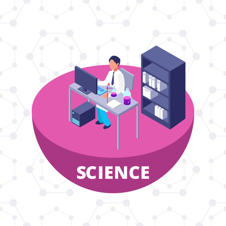 Science 3d isometric research lab with laboratory equipment and scientist vector illustrationの写真素材