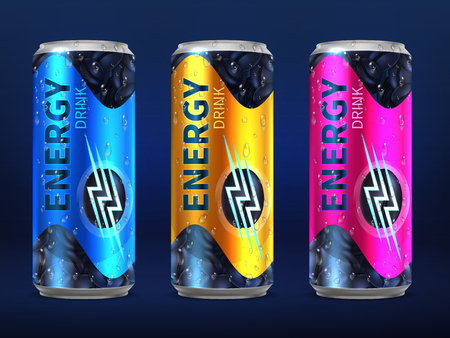 Realistic disposable energy drink cans in different colors of design vector template isolated on white background. Beverage cold in metallic bank illustrationのイラスト素材