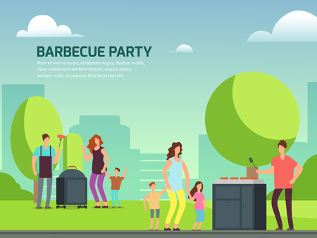 Barbeque party design. Cartoon character families in parkのイラスト素材